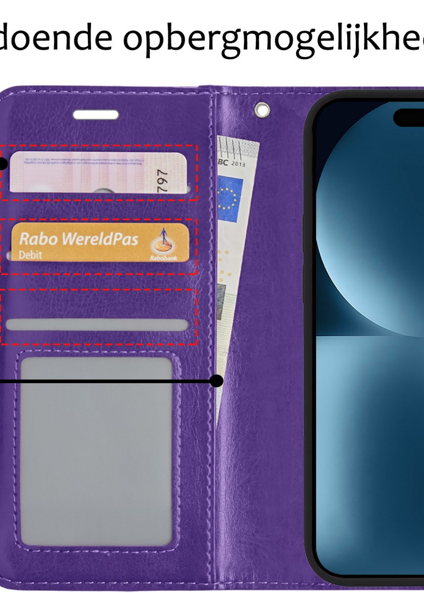 BTH Hoesje Geschikt voor iPhone 15 Pro Max Hoesje Book Case Hoes Portemonnee Cover Walletcase Met 2x Screenprotector - Hoes Geschikt voor iPhone 15 Pro Max Hoes Bookcase Hoesje - Paars