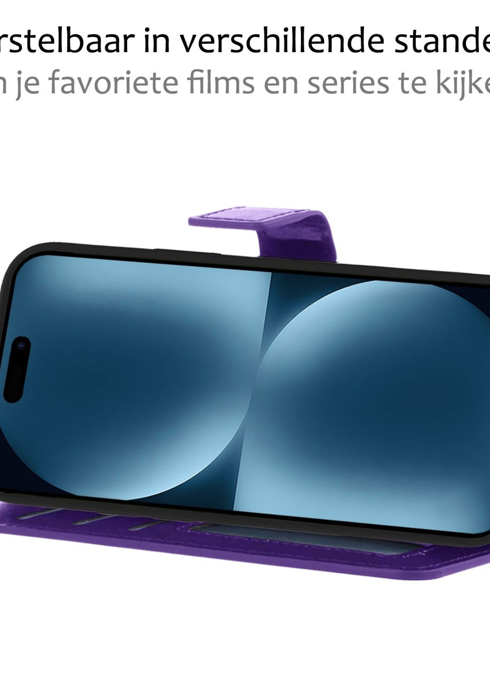 BTH Hoesje Geschikt voor iPhone 15 Pro Max Hoesje Book Case Hoes Portemonnee Cover Walletcase Met 2x Screenprotector - Hoes Geschikt voor iPhone 15 Pro Max Hoes Bookcase Hoesje - Paars