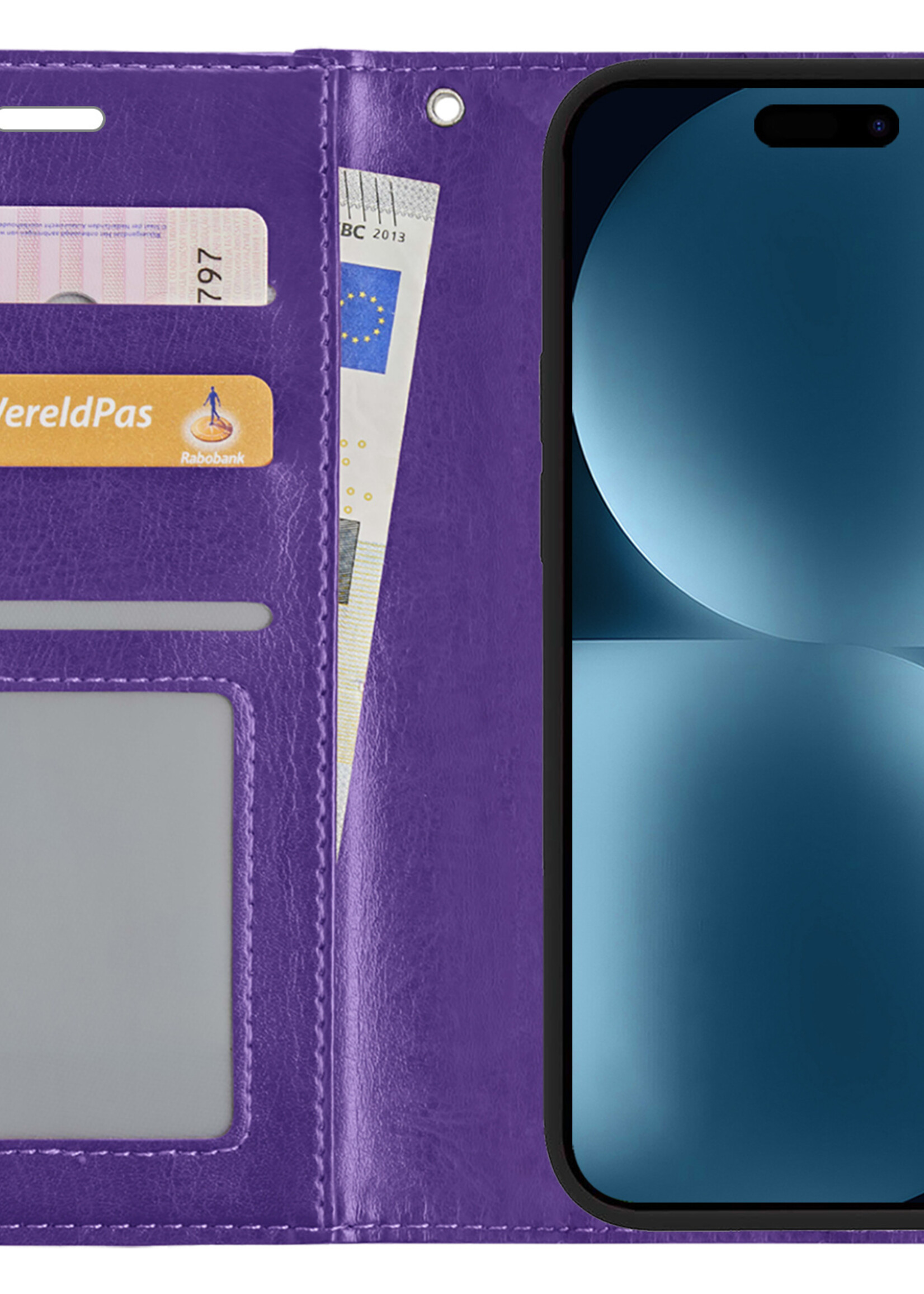BTH Hoesje Geschikt voor iPhone 15 Pro Max Hoesje Book Case Hoes Portemonnee Cover Walletcase Met 2x Screenprotector - Hoes Geschikt voor iPhone 15 Pro Max Hoes Bookcase Hoesje - Paars