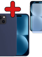 BTH BTH iPhone 15 Plus Hoesje Siliconen Met Screenprotector Met Dichte Notch - Donkerblauw