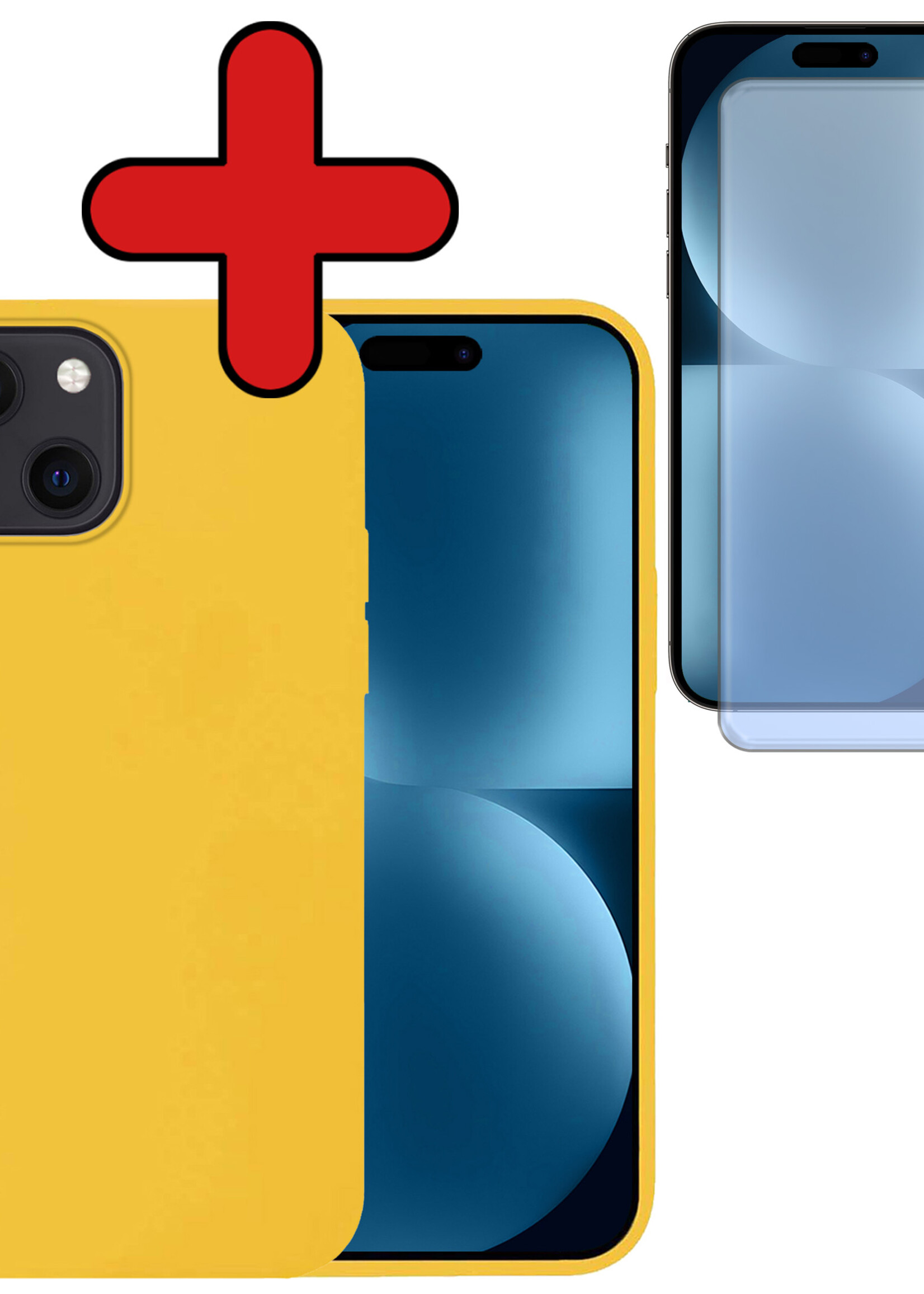 BTH Hoesje Geschikt voor iPhone 15 Plus Hoesje Siliconen Case Hoes Met Screenprotector - Hoes Geschikt voor iPhone 15 Plus Hoes Cover Case - Geel