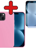 BTH BTH iPhone 15 Plus Hoesje Siliconen Met Screenprotector Met Dichte Notch - Lichtroze