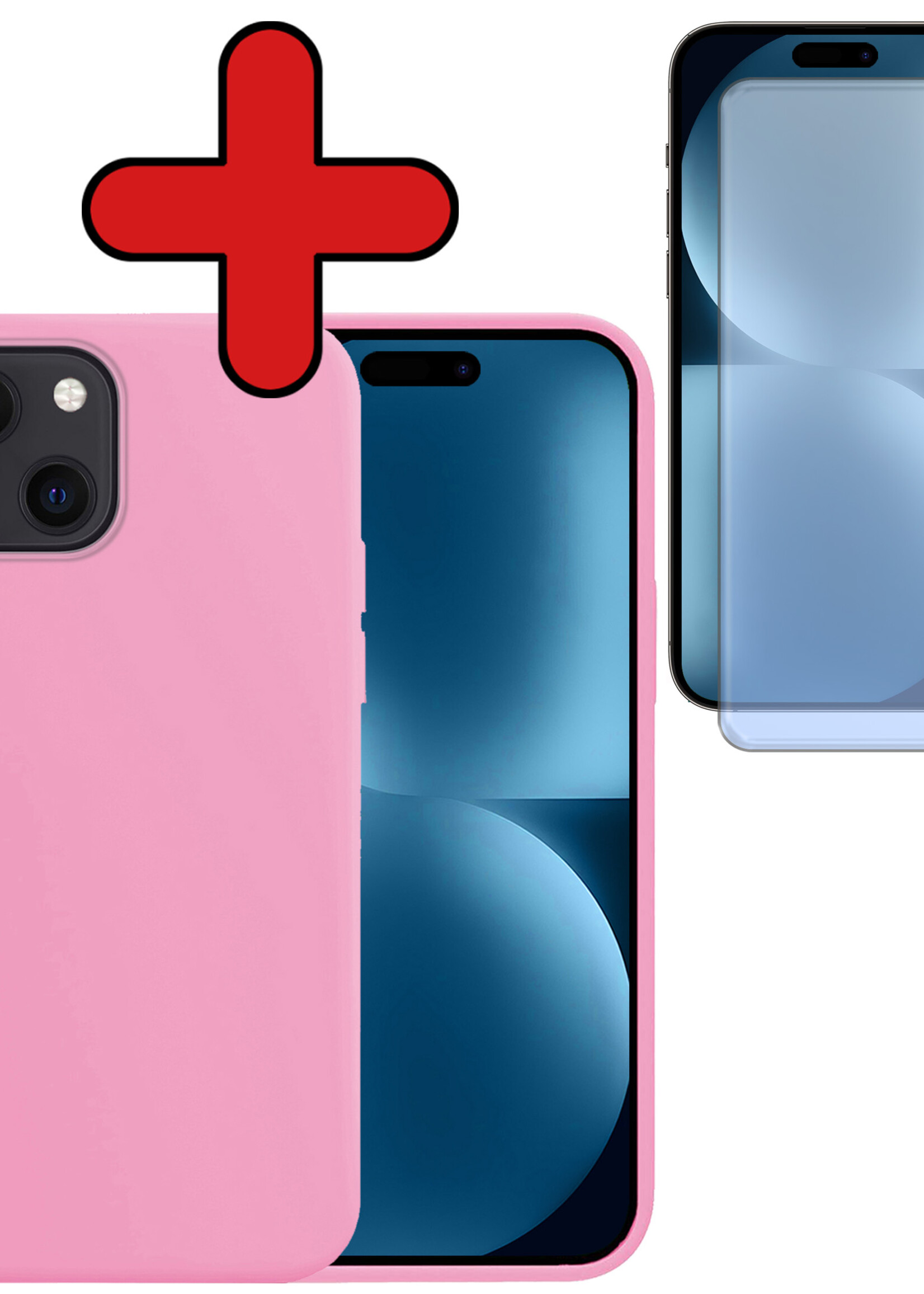 BTH Hoesje Geschikt voor iPhone 15 Plus Hoesje Siliconen Case Hoes Met Screenprotector - Hoes Geschikt voor iPhone 15 Plus Hoes Cover Case - Lichtroze