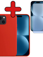 BTH BTH iPhone 15 Plus Hoesje Siliconen Met Screenprotector Met Dichte Notch - Rood