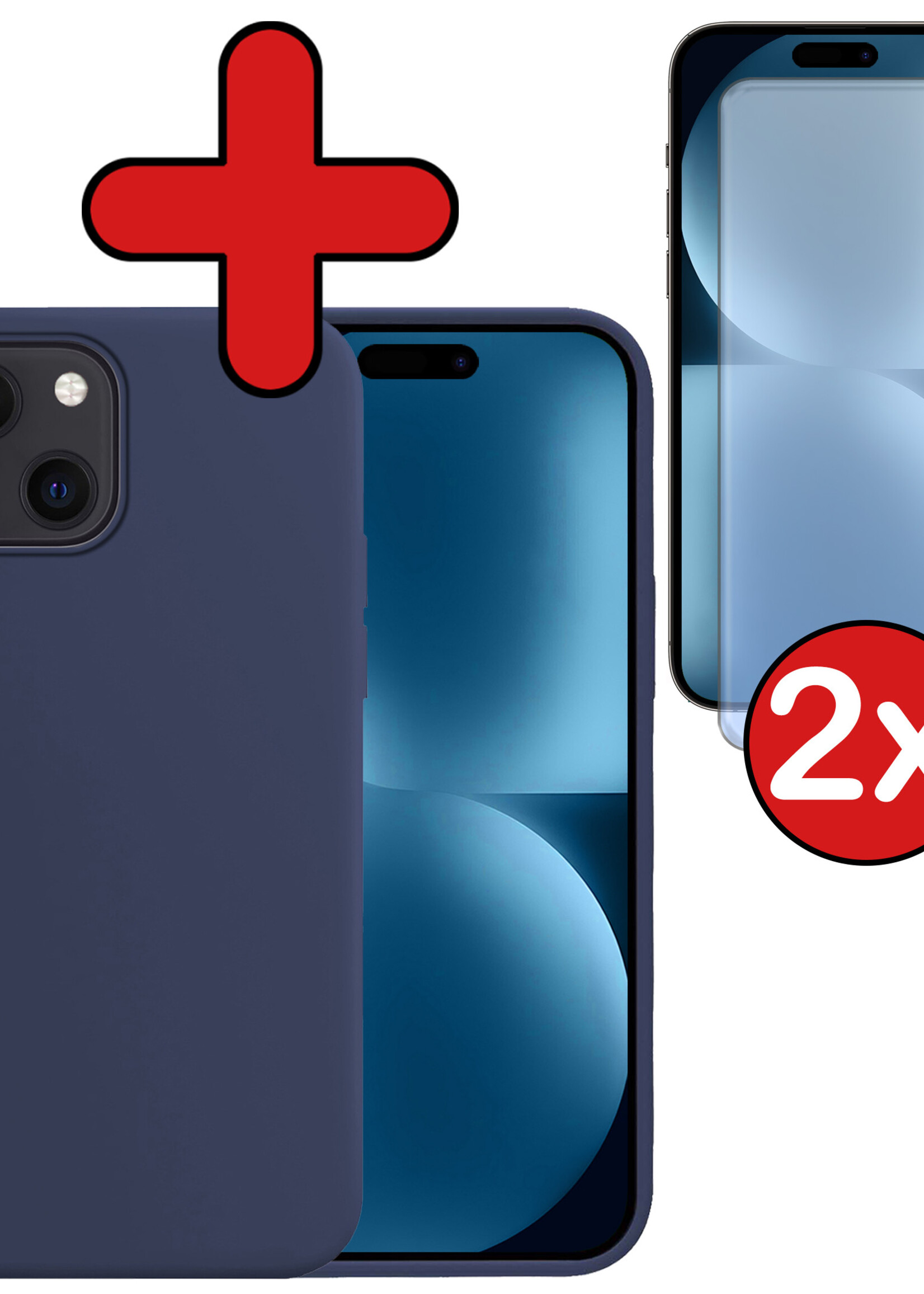 BTH Hoesje Geschikt voor iPhone 15 Plus Hoesje Siliconen Case Hoes Met 2x Screenprotector - Hoes Geschikt voor iPhone 15 Plus Hoes Cover Case - Donkerblauw