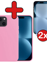 BTH BTH iPhone 15 Plus Hoesje Siliconen Met 2x Screenprotector Met Dichte Notch - Lichtroze