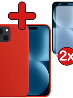 BTH BTH iPhone 15 Plus Hoesje Siliconen Met 2x Screenprotector Met Dichte Notch - Rood