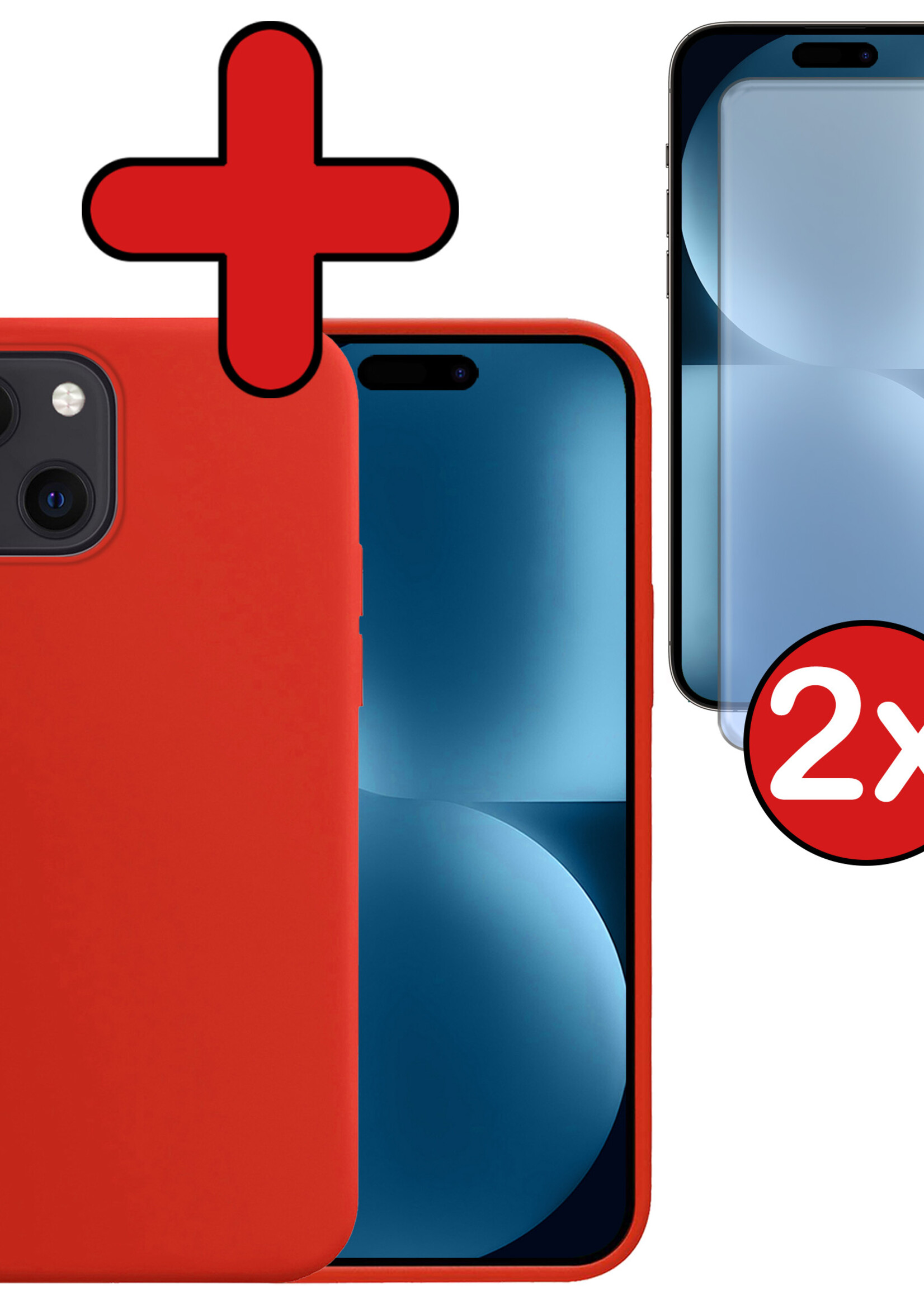 BTH Hoesje Geschikt voor iPhone 15 Plus Hoesje Siliconen Case Hoes Met 2x Screenprotector - Hoes Geschikt voor iPhone 15 Plus Hoes Cover Case - Rood
