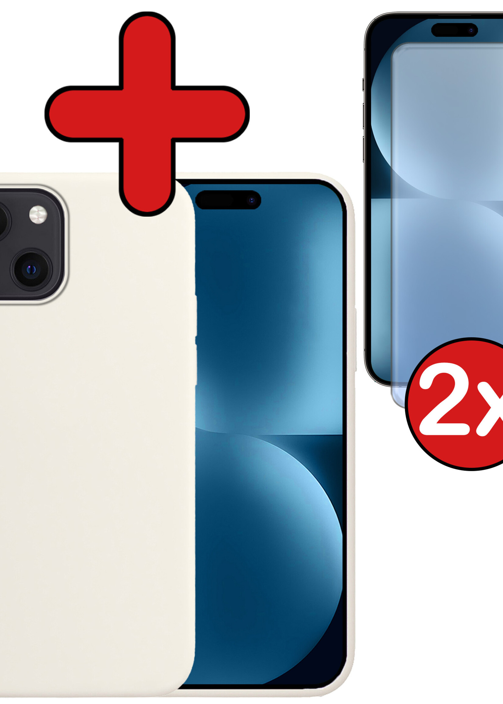 BTH Hoesje Geschikt voor iPhone 15 Plus Hoesje Siliconen Case Hoes Met 2x Screenprotector - Hoes Geschikt voor iPhone 15 Plus Hoes Cover Case - Wit
