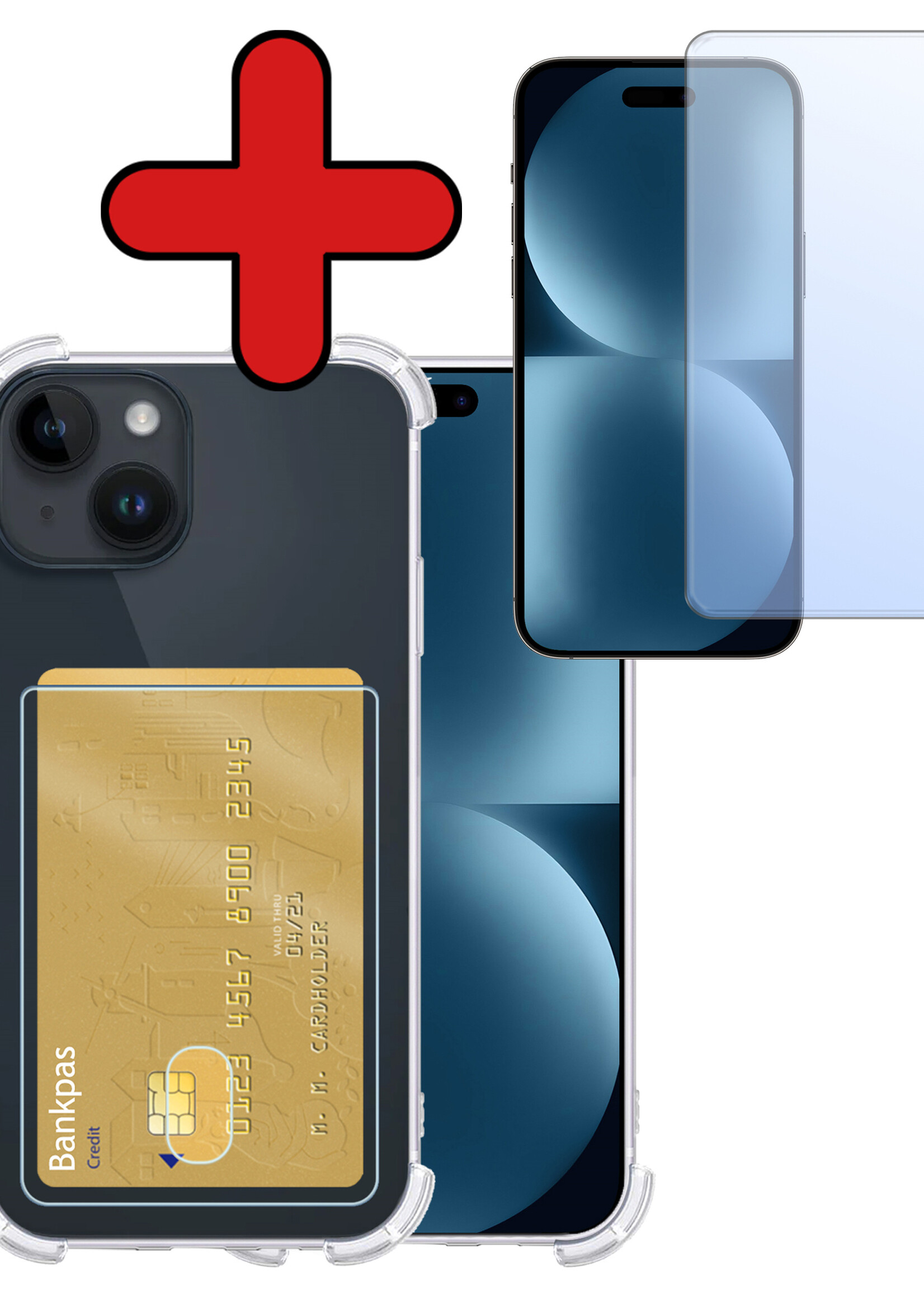 BTH Hoesje Geschikt voor iPhone 15 Hoesje Met Pasjeshouder Siliconen Case Met Kaarthouder Met Screenprotector - Hoes Geschikt voor iPhone 15 Hoesje Shock Proof Case - Transparant
