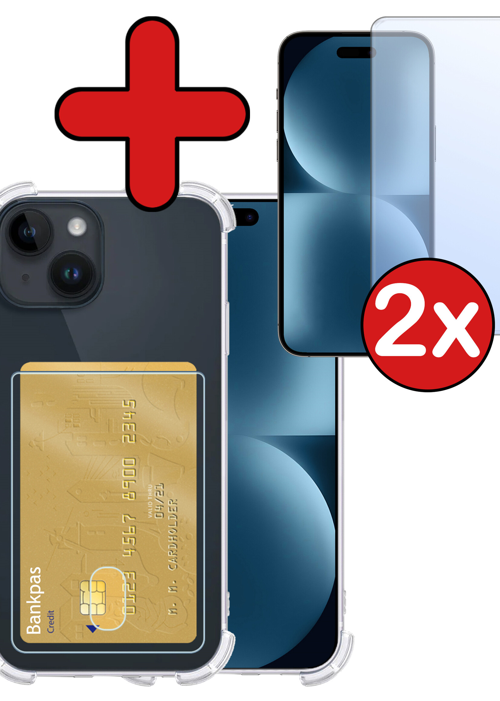 BTH Hoesje Geschikt voor iPhone 15 Hoesje Met Pasjeshouder Siliconen Case Met Kaarthouder Met 2x Screenprotector - Hoes Geschikt voor iPhone 15 Hoesje Shock Proof Case - Transparant