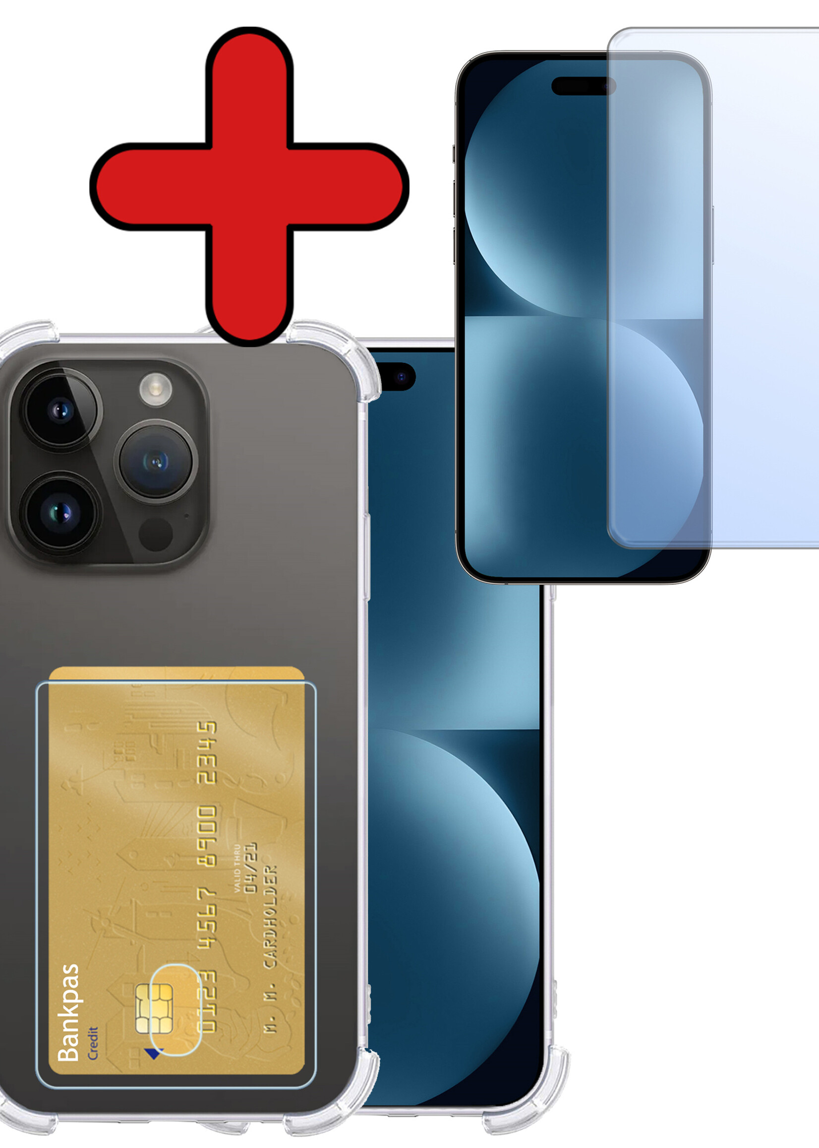 BTH Hoesje Geschikt voor iPhone 15 Pro Hoesje Met Pasjeshouder Siliconen Case Met Kaarthouder Met Screenprotector - Hoes Geschikt voor iPhone 15 Pro Hoesje Shock Proof Case - Transparant