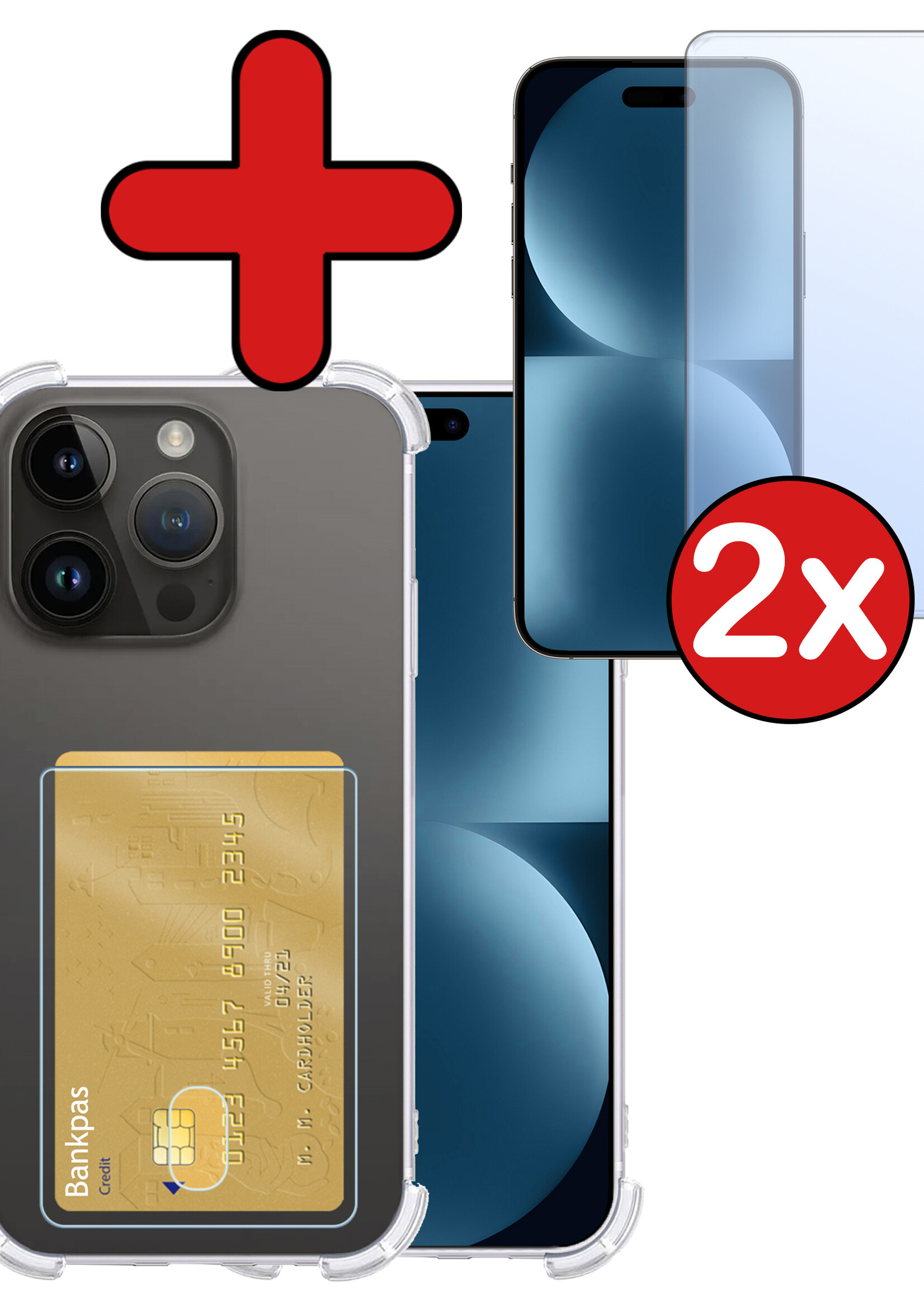 BTH Hoesje Geschikt voor iPhone 15 Pro Max Hoesje Met Pasjeshouder Siliconen Case Met Kaarthouder Met 2x Screenprotector - Hoes Geschikt voor iPhone 15 Pro Max Hoesje Shock Proof Case - Transparant