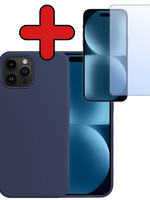 BTH BTH iPhone 15 Pro Hoesje Siliconen Met Screenprotector Met Dichte Notch - Donkerblauw