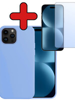 BTH BTH iPhone 15 Pro Hoesje Siliconen Met Screenprotector Met Dichte Notch - Lichtblauw