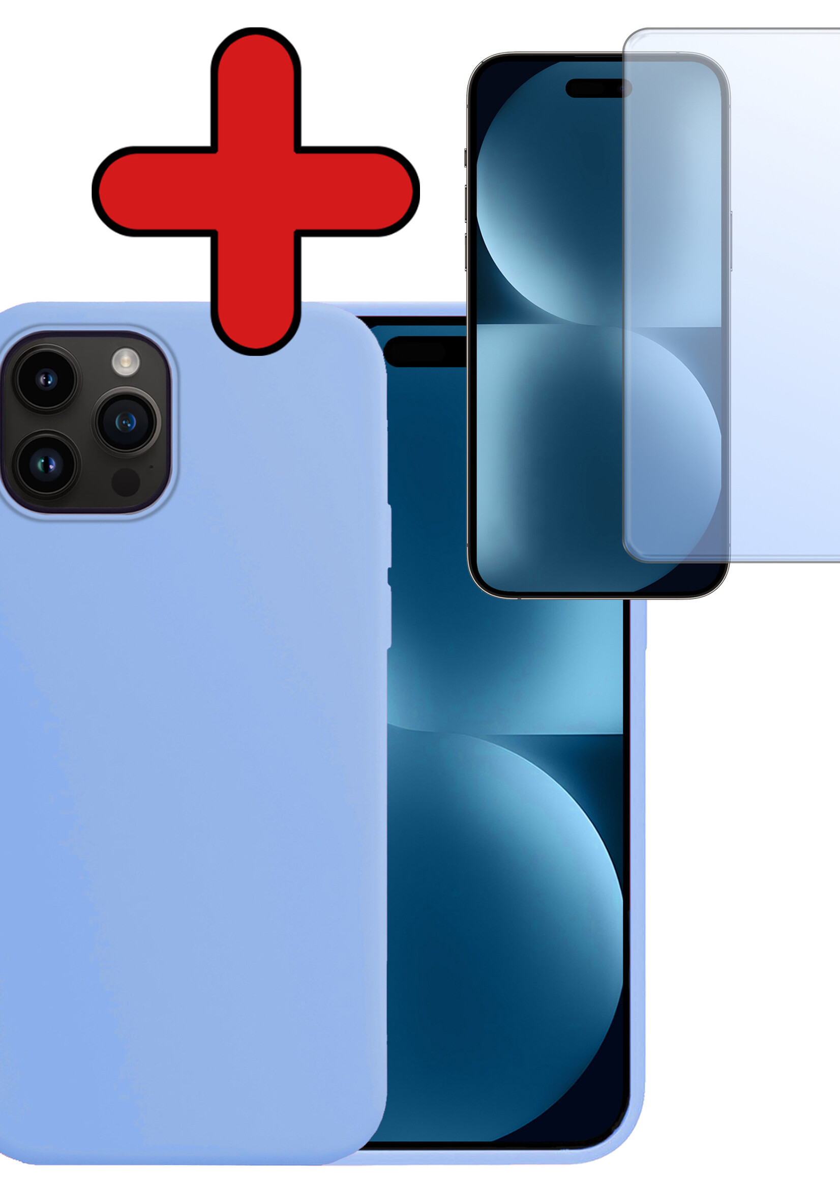 BTH Hoesje Geschikt voor iPhone 15 Pro Hoesje Siliconen Case Hoes Met Screenprotector - Hoes Geschikt voor iPhone 15 Pro Hoes Cover Case - Lichtblauw