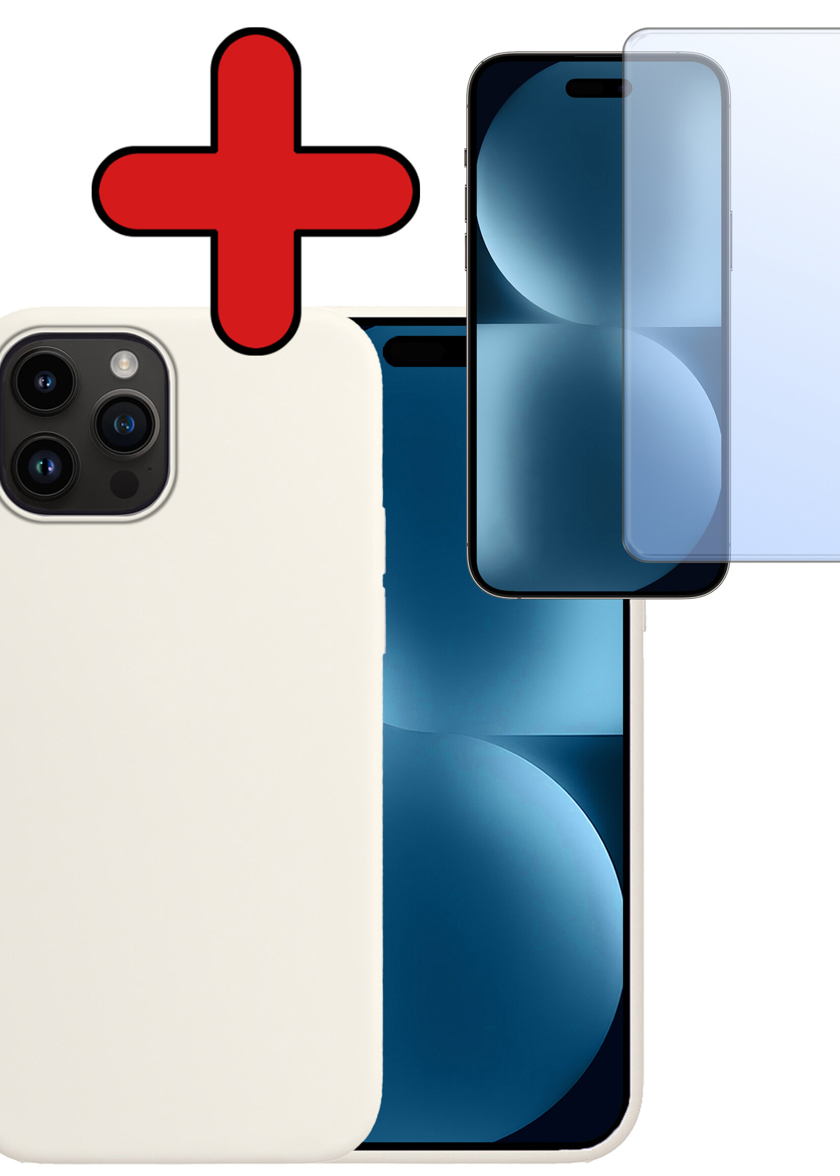 BTH Hoesje Geschikt voor iPhone 15 Pro Hoesje Siliconen Case Hoes Met Screenprotector - Hoes Geschikt voor iPhone 15 Pro Hoes Cover Case - Wit