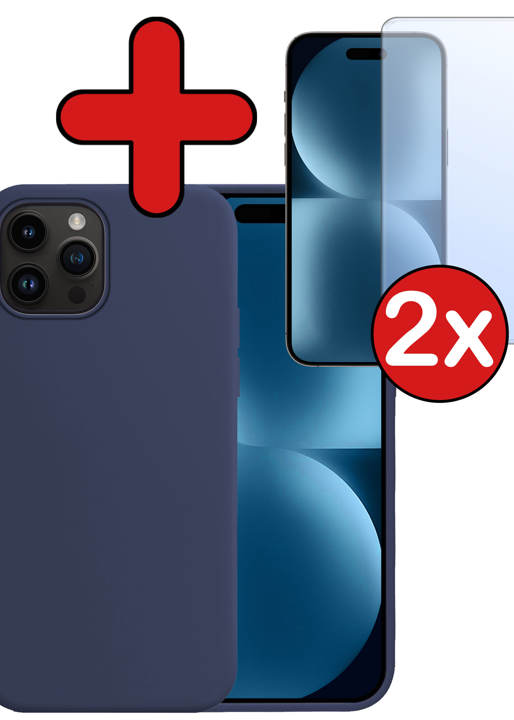 BTH Hoesje Geschikt voor iPhone 15 Pro Hoesje Siliconen Case Hoes Met 2x Screenprotector - Hoes Geschikt voor iPhone 15 Pro Hoes Cover Case - Donkerblauw