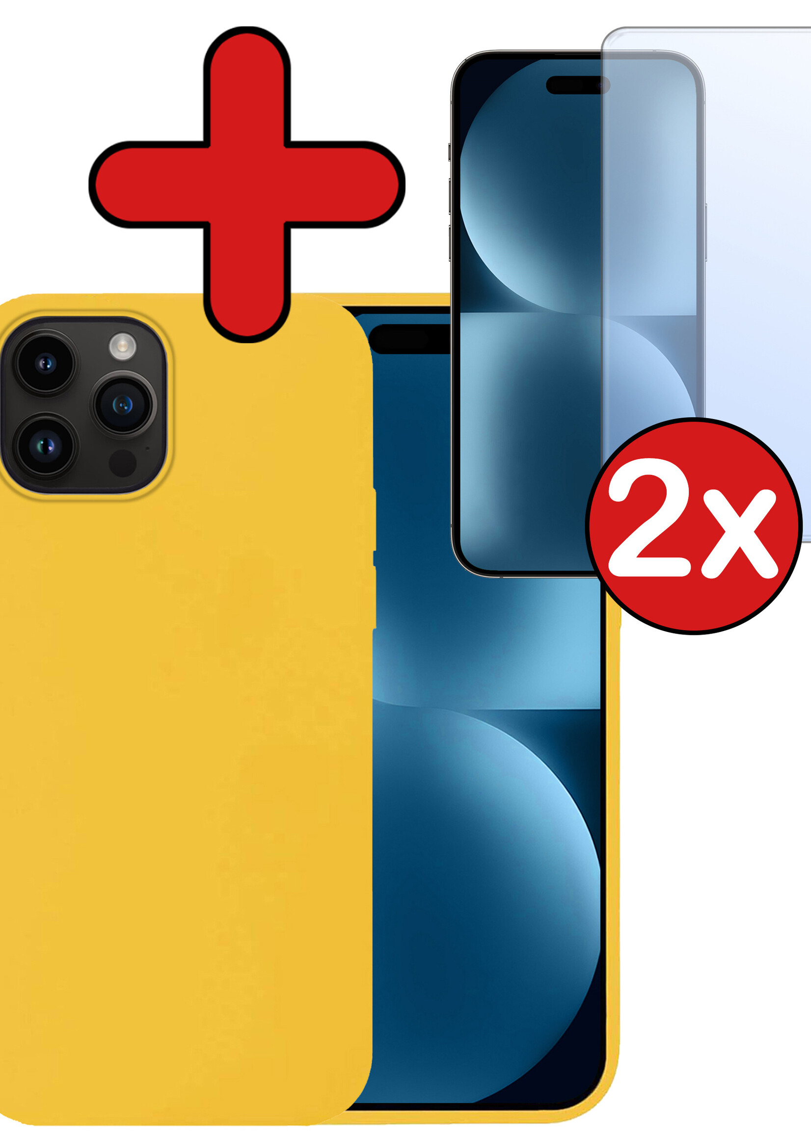 BTH Hoesje Geschikt voor iPhone 15 Pro Hoesje Siliconen Case Hoes Met 2x Screenprotector - Hoes Geschikt voor iPhone 15 Pro Hoes Cover Case - Geel