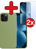BTH BTH iPhone 15 Pro Hoesje Siliconen Met 2x Screenprotector Met Dichte Notch - Groen