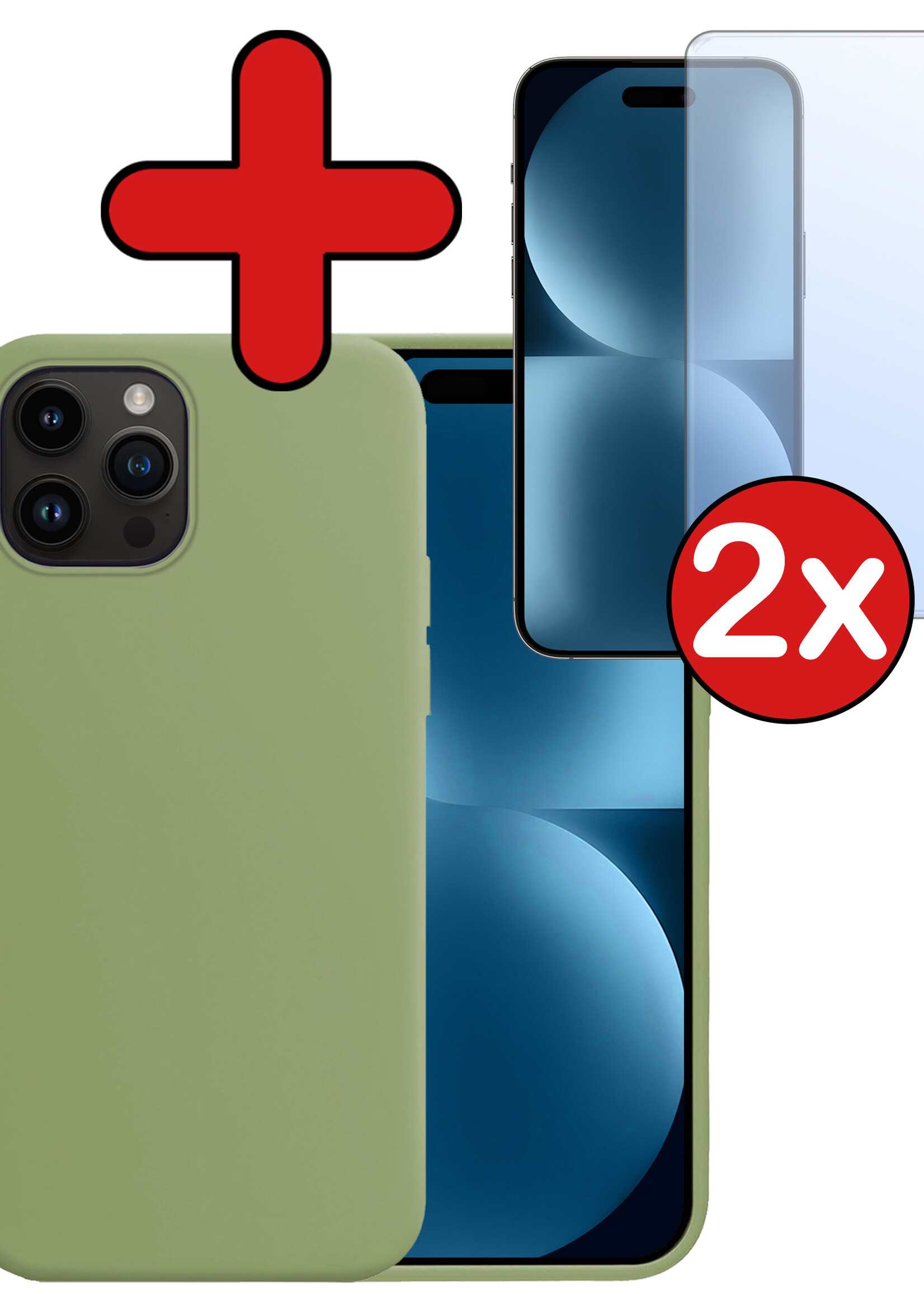 BTH Hoesje Geschikt voor iPhone 15 Pro Hoesje Siliconen Case Hoes Met 2x Screenprotector - Hoes Geschikt voor iPhone 15 Pro Hoes Cover Case - Groen