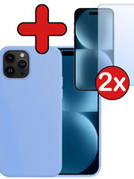 BTH BTH iPhone 15 Pro Hoesje Siliconen Met 2x Screenprotector Met Dichte Notch - Lichtblauw