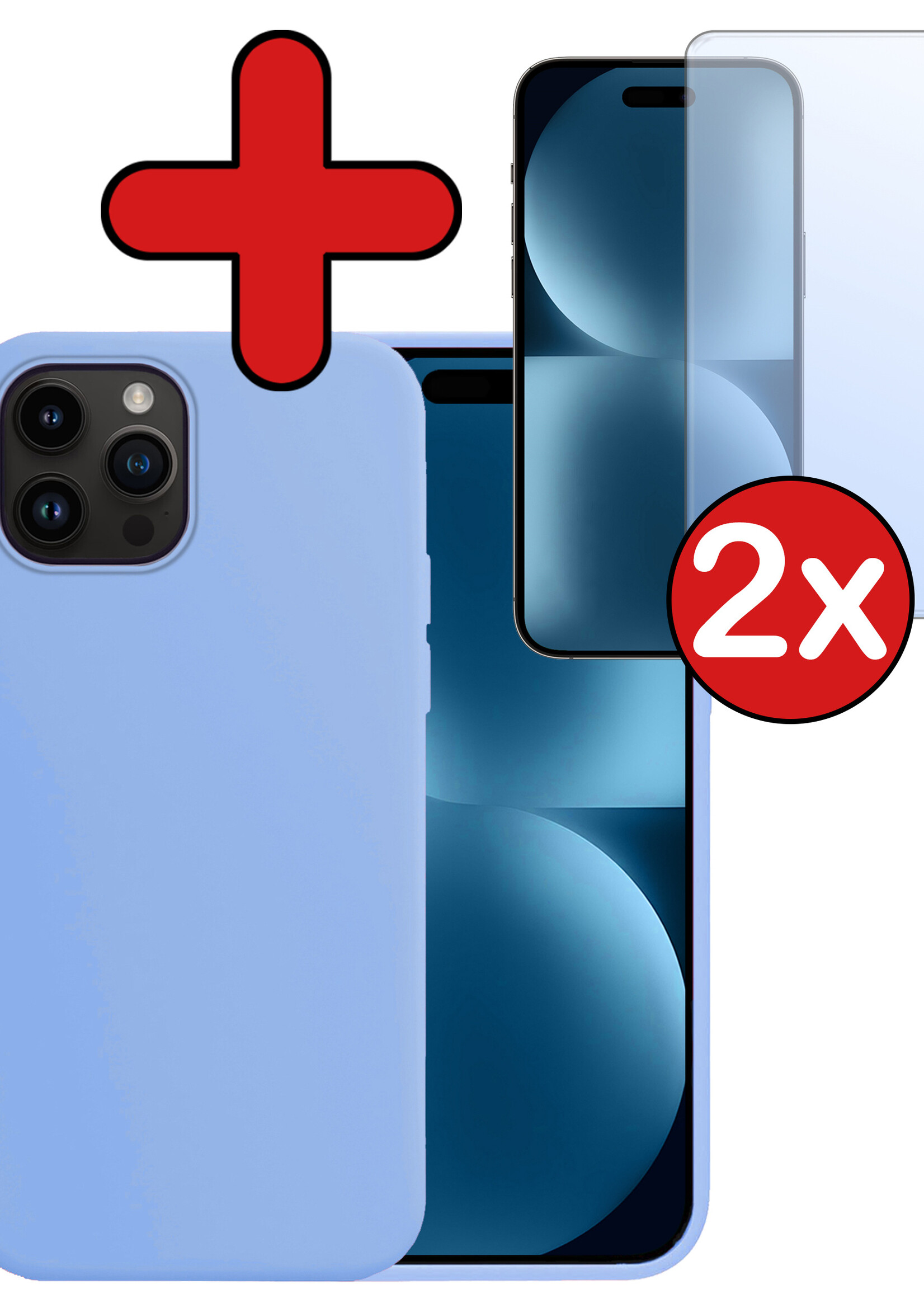 BTH Hoesje Geschikt voor iPhone 15 Pro Hoesje Siliconen Case Hoes Met 2x Screenprotector - Hoes Geschikt voor iPhone 15 Pro Hoes Cover Case - Lichtblauw
