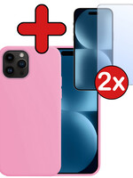 BTH BTH iPhone 15 Pro Hoesje Siliconen Met 2x Screenprotector Met Dichte Notch - Lichtroze