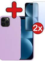 BTH BTH iPhone 15 Pro Hoesje Siliconen Met 2x Screenprotector Met Dichte Notch - Lila