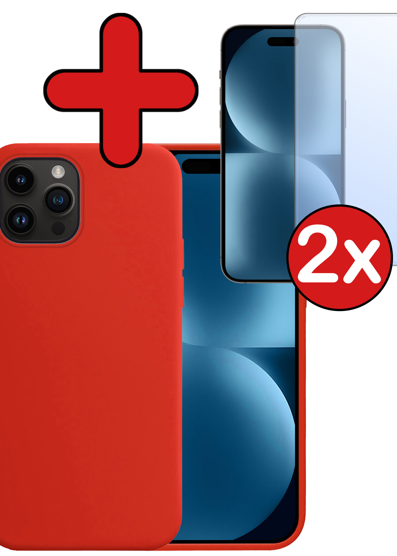 BTH Hoesje Geschikt voor iPhone 15 Pro Hoesje Siliconen Case Hoes Met 2x Screenprotector - Hoes Geschikt voor iPhone 15 Pro Hoes Cover Case - Rood