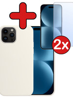 BTH BTH iPhone 15 Pro Hoesje Siliconen Met 2x Screenprotector Met Dichte Notch - Wit