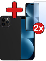 BTH BTH iPhone 15 Pro Hoesje Siliconen Met 2x Screenprotector Met Dichte Notch - Zwart