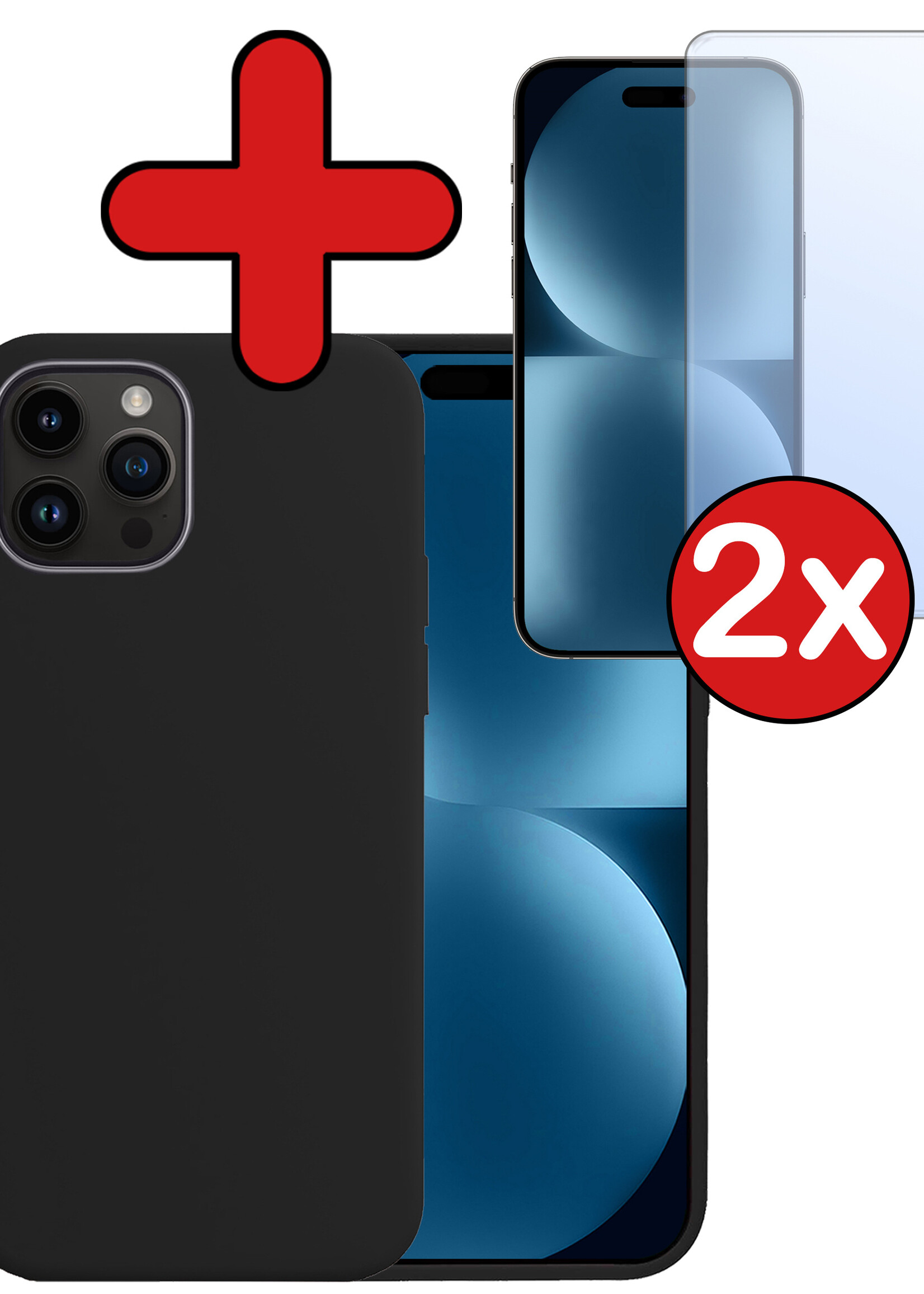 BTH Hoesje Geschikt voor iPhone 15 Pro Hoesje Siliconen Case Hoes Met 2x Screenprotector - Hoes Geschikt voor iPhone 15 Pro Hoes Cover Case - Zwart
