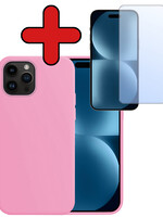 BTH BTH iPhone 15 Pro Max Hoesje Siliconen Met Screenprotector Met Dichte Notch - Lichtroze