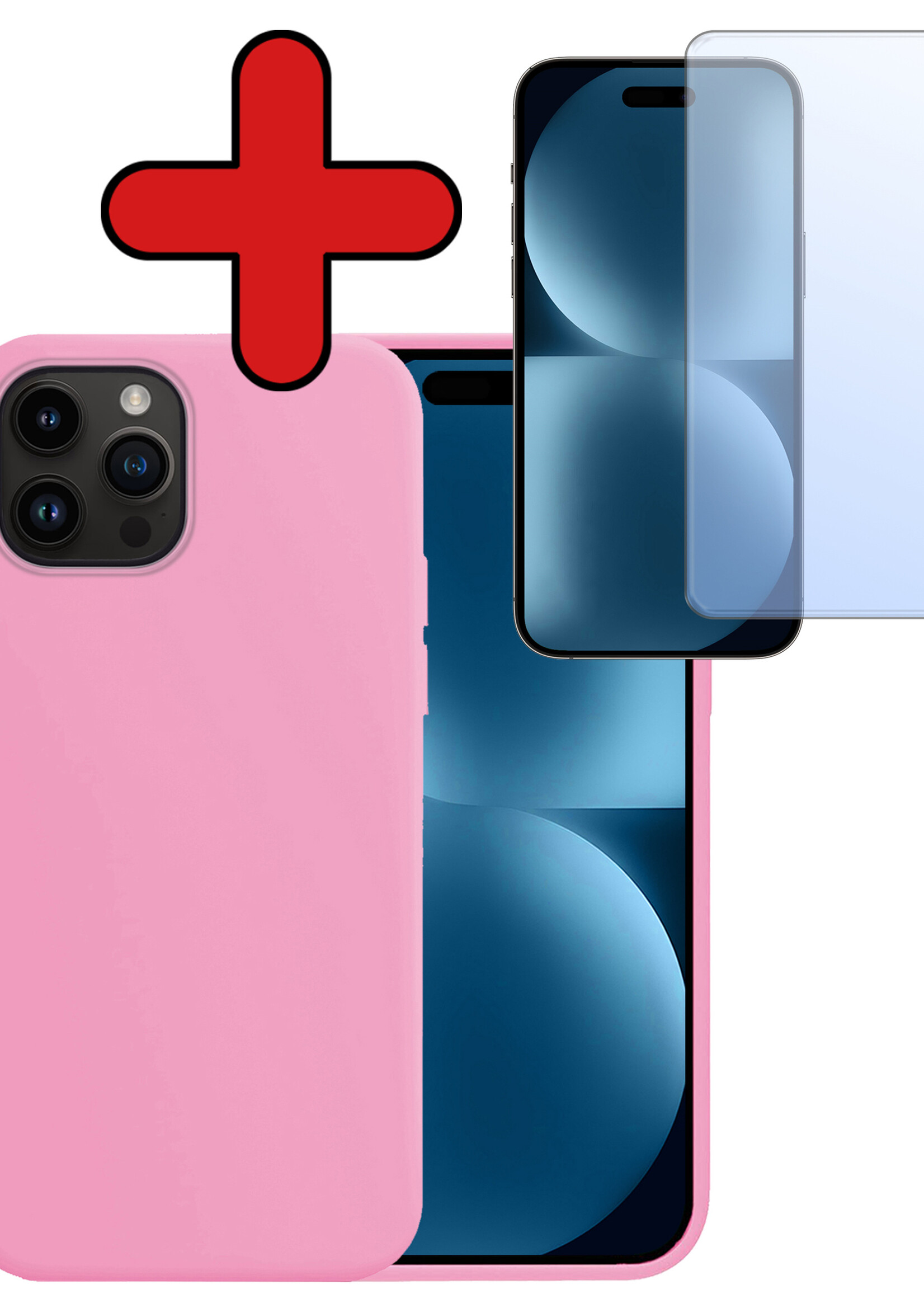 BTH Hoesje Geschikt voor iPhone 15 Pro Max Hoesje Siliconen Case Hoes Met Screenprotector - Hoes Geschikt voor iPhone 15 Pro Max Hoes Cover Case - Lichtroze