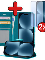 BTH BTH iPhone 15 Pro Max Hoesje Bookcase Met 2x Screenprotector - Turquoise