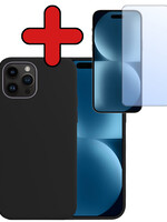 BTH BTH iPhone 15 Pro Max Hoesje Siliconen Met Screenprotector Met Dichte Notch - Zwart
