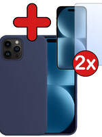 BTH BTH iPhone 15 Pro Max Hoesje Siliconen Met 2x Screenprotector Met Dichte Notch - Donkerblauw