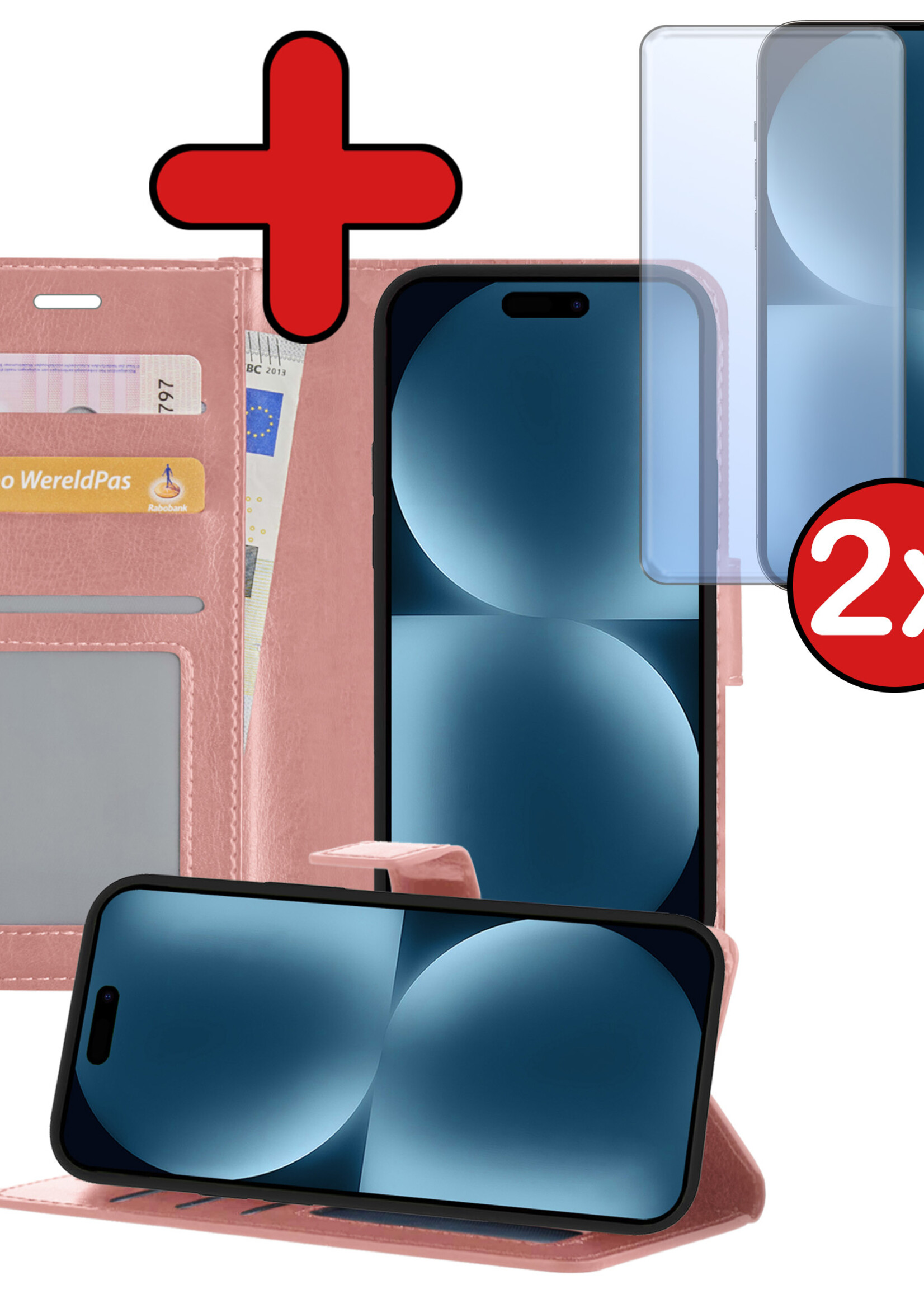 BTH Hoesje Geschikt voor iPhone 15 Pro Max Hoesje Book Case Hoes Portemonnee Cover Walletcase Met 2x Screenprotector - Hoes Geschikt voor iPhone 15 Pro Max Hoes Bookcase Hoesje - Rosé goud