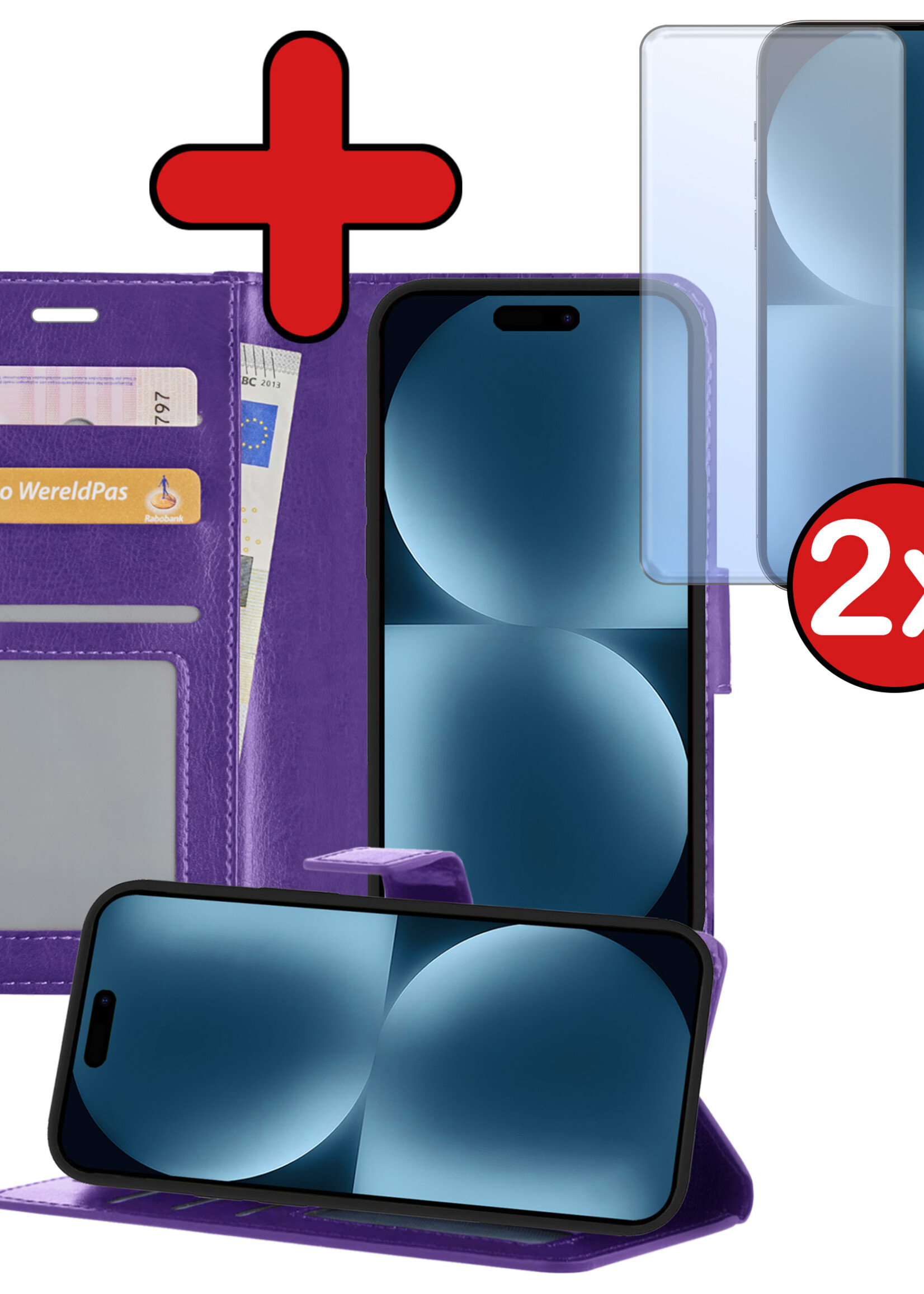 BTH Hoesje Geschikt voor iPhone 15 Pro Max Hoesje Book Case Hoes Portemonnee Cover Walletcase Met 2x Screenprotector - Hoes Geschikt voor iPhone 15 Pro Max Hoes Bookcase Hoesje - Paars