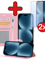 BTH BTH iPhone 15 Pro Max Hoesje Bookcase Met 2x Screenprotector - Lichtroze