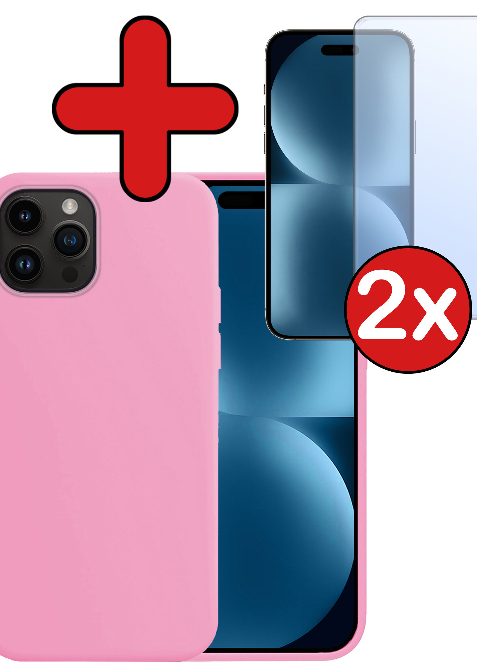 BTH Hoesje Geschikt voor iPhone 15 Pro Max Hoesje Siliconen Case Hoes Met 2x Screenprotector - Hoes Geschikt voor iPhone 15 Pro Max Hoes Cover Case - Lichtroze