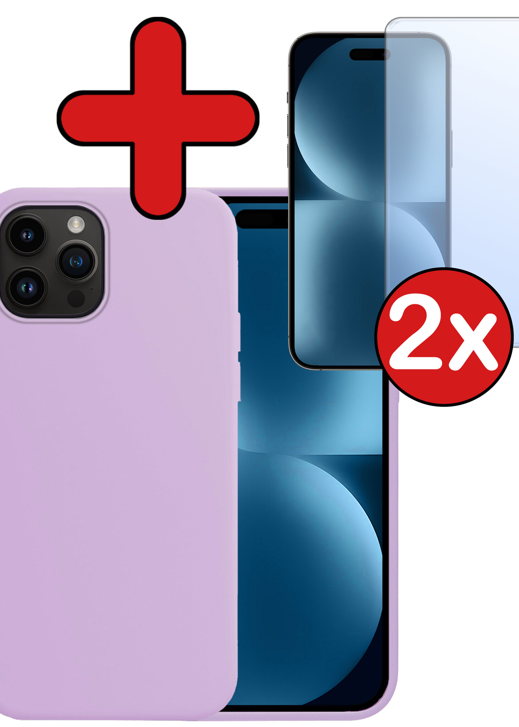 BTH Hoesje Geschikt voor iPhone 15 Pro Max Hoesje Siliconen Case Hoes Met 2x Screenprotector - Hoes Geschikt voor iPhone 15 Pro Max Hoes Cover Case - Lila