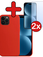 BTH BTH iPhone 15 Pro Max Hoesje Siliconen Met 2x Screenprotector Met Dichte Notch - Rood