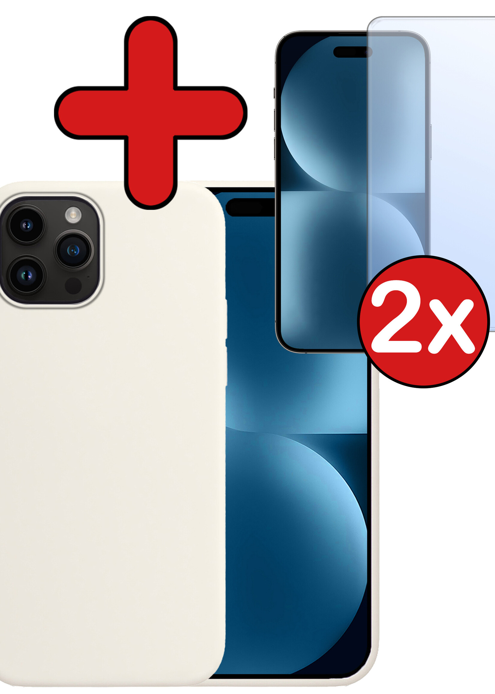 BTH Hoesje Geschikt voor iPhone 15 Pro Max Hoesje Siliconen Case Hoes Met 2x Screenprotector - Hoes Geschikt voor iPhone 15 Pro Max Hoes Cover Case - Wit