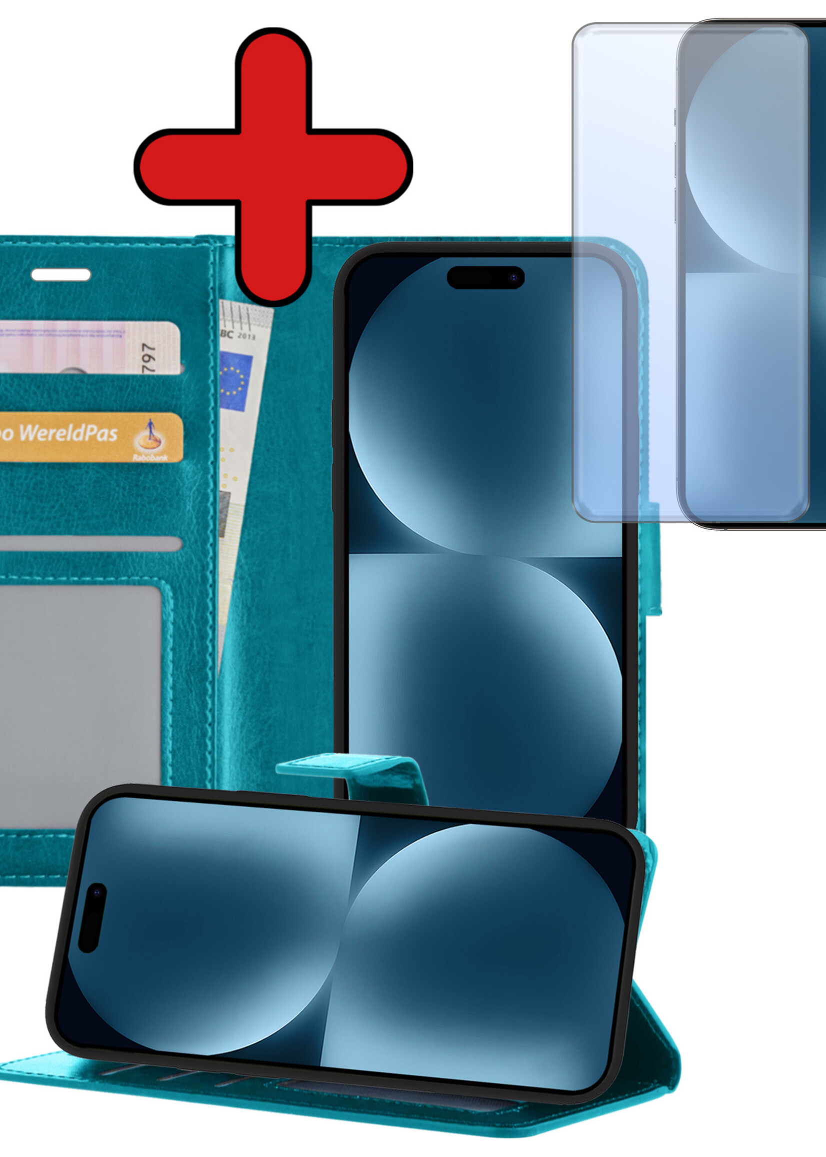 BTH Hoesje Geschikt voor iPhone 15 Pro Max Hoesje Book Case Hoes Portemonnee Cover Walletcase Met Screenprotector - Hoes Geschikt voor iPhone 15 Pro Max Hoes Bookcase Hoesje - Turquoise