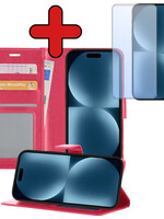 BTH BTH iPhone 15 Plus Hoesje Bookcase Met Screenprotector - Donkerroze