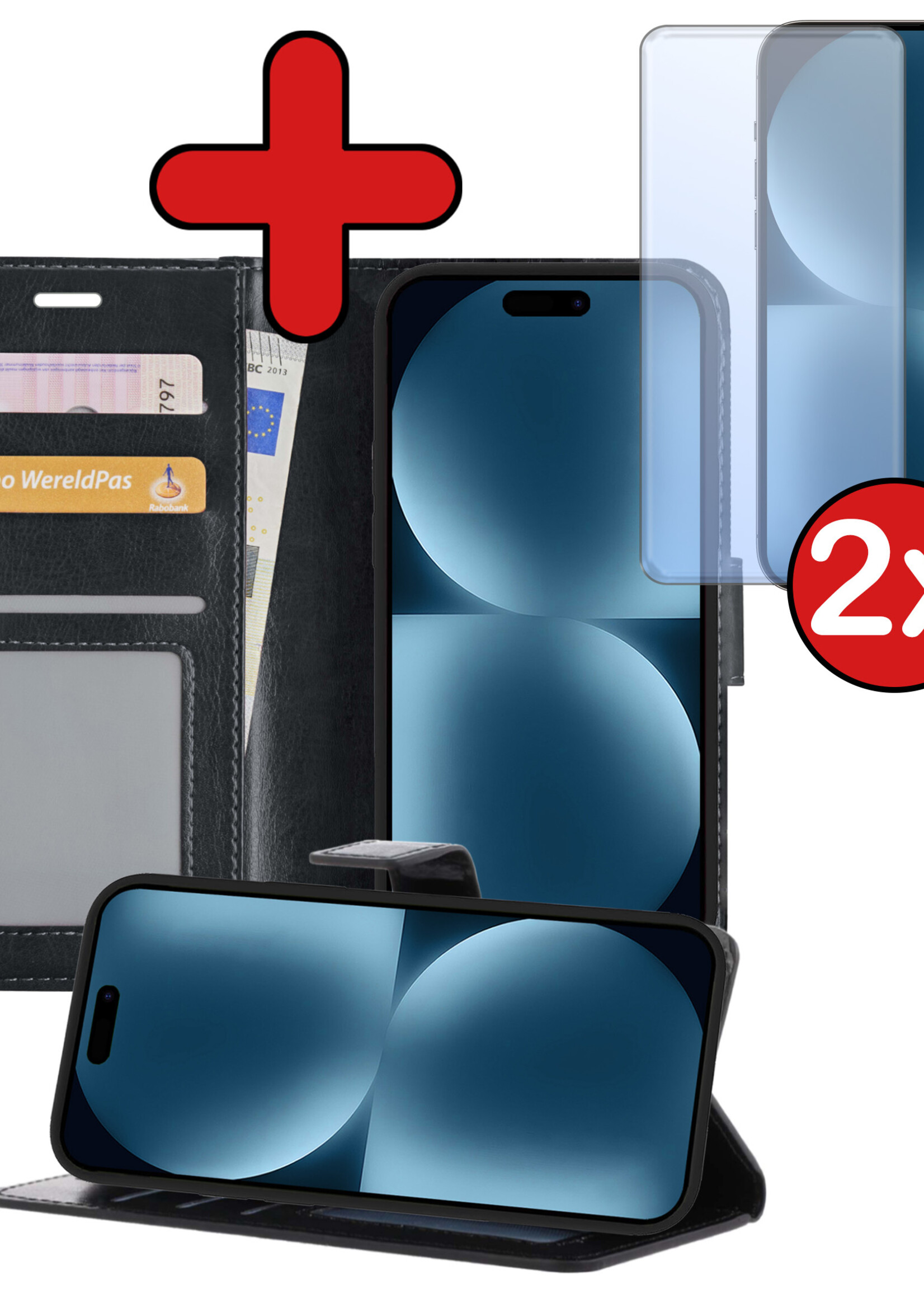 BTH Hoesje Geschikt voor iPhone 15 Pro Hoesje Book Case Hoes Portemonnee Cover Walletcase Met 2x Screenprotector - Hoes Geschikt voor iPhone 15 Pro Hoes Bookcase Hoesje - Zwart