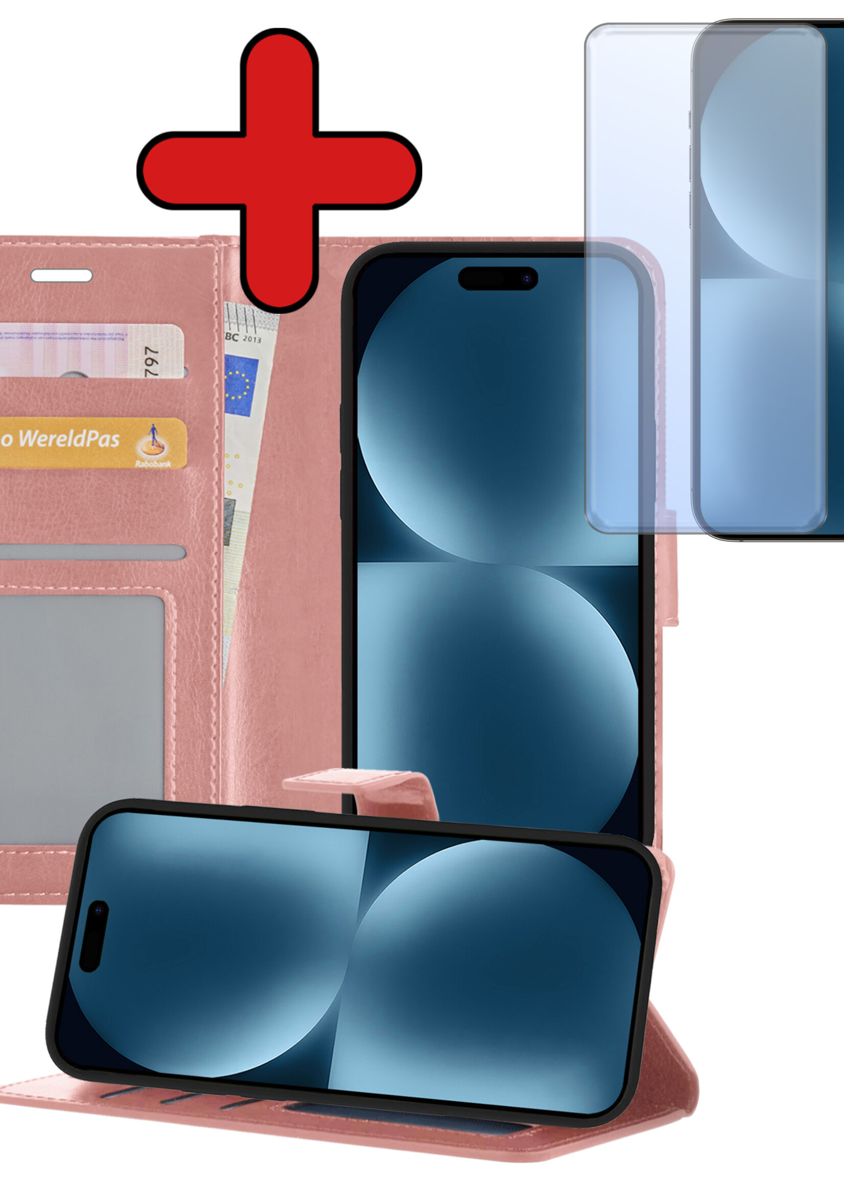 BTH Hoesje Geschikt voor iPhone 15 Plus Hoesje Book Case Hoes Portemonnee Cover Walletcase Met Screenprotector - Hoes Geschikt voor iPhone 15 Plus Hoes Bookcase Hoesje - Rosé goud