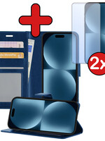 BTH BTH iPhone 15 Pro Hoesje Bookcase Met 2x Screenprotector - Donkerblauw